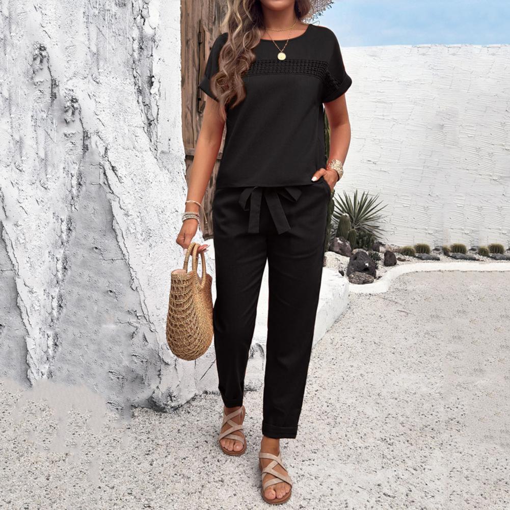 2 Pcs/Set Women Top Pants Suit - Short Linen Drawstring ulasan dan harga